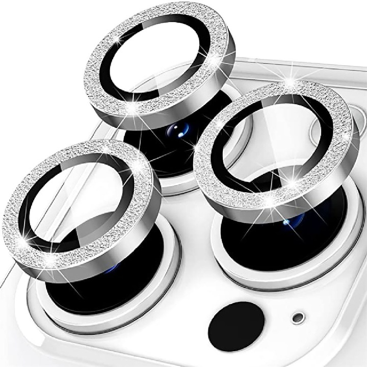 Протектор за камера Silver Diamond Glitter, Съвместим с Apple iPhone 14 Pro, Закалено стъкло за обектива, FullHD Ultra Technologya, Сребрист