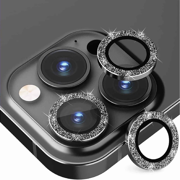Folie de protectie Camera compatibila cu Apple iPhone 14, Sticla Securizata pentru Lentila, Black Diamond Glitter, FullHD Ultra Technology, Negru