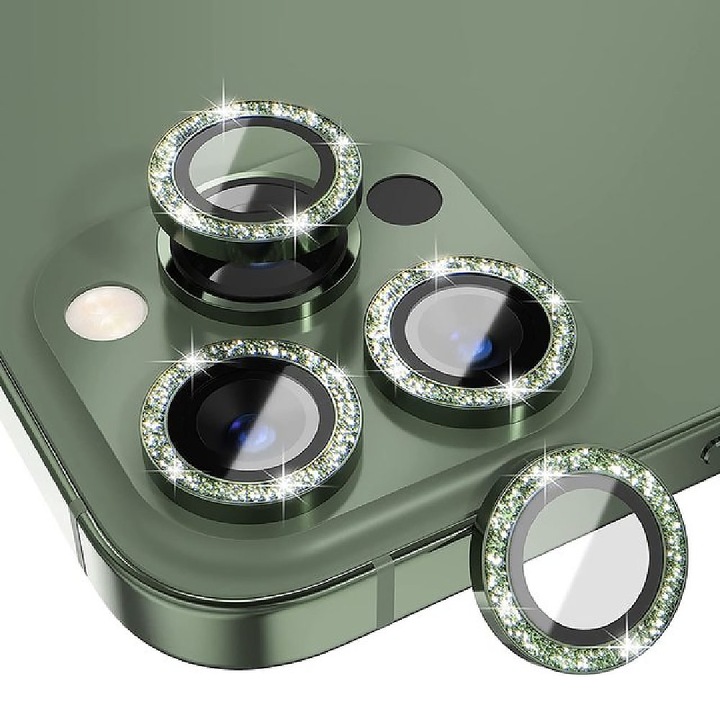 Защитен протектор за камера, съвместим с Apple iPhone 13 Pro Max, Secure Glass for the Lens, Green Diamond Glitter, FullHD Ultra Technology, Green