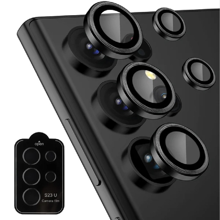 Folie de protectie Camera compatibila cu Samsung Galaxy S23 Ultra, Sticla Securizata pentru Lentila, FullHD Ultra Technology, Negru