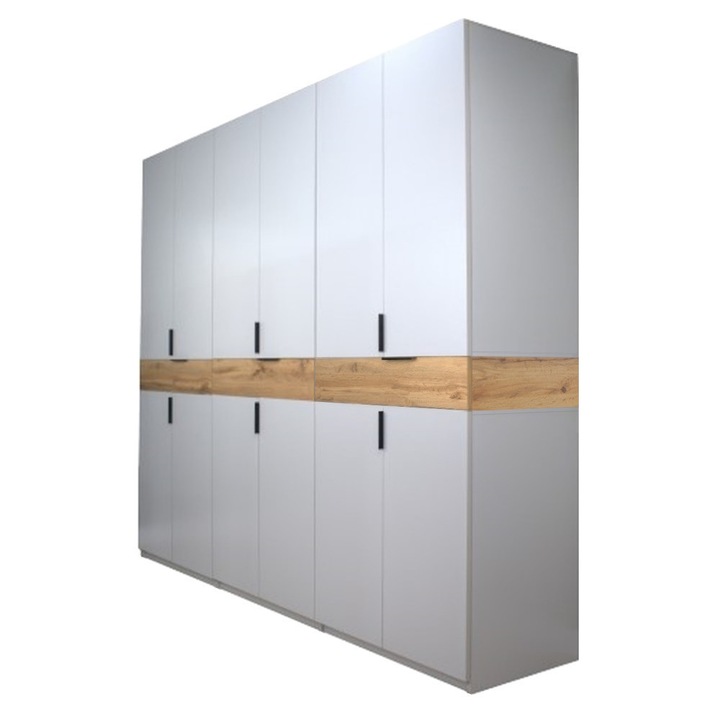 Dulap King 6s Inalt, Gri deschis / Stejar Gold, H 240 x L 240 x A 50 cm, cu 3 sertare, Balamale Soft close cu amortizor si Glisiere Hafele, PAL 18 mm