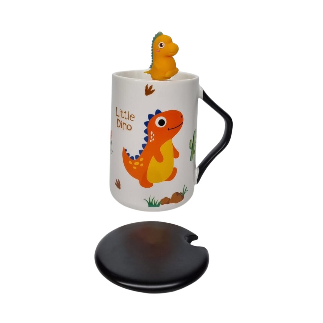 Set cana cu lingurita si capac Little Dino portocaliu, ceramica 480ml