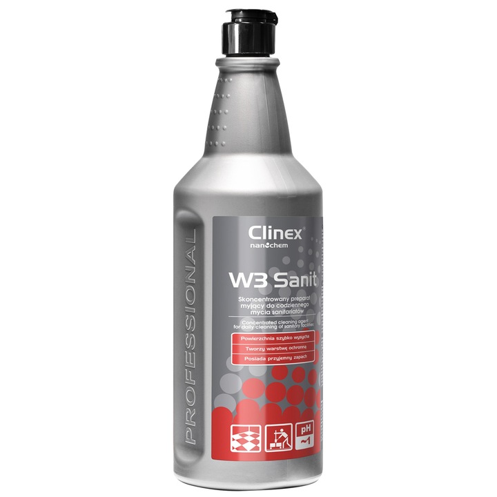 Clinex W3 Sanit, 1 literes, folyékony mosószer, koncentrátum, egészségügyi tárgyak tisztítására, Toaletelo