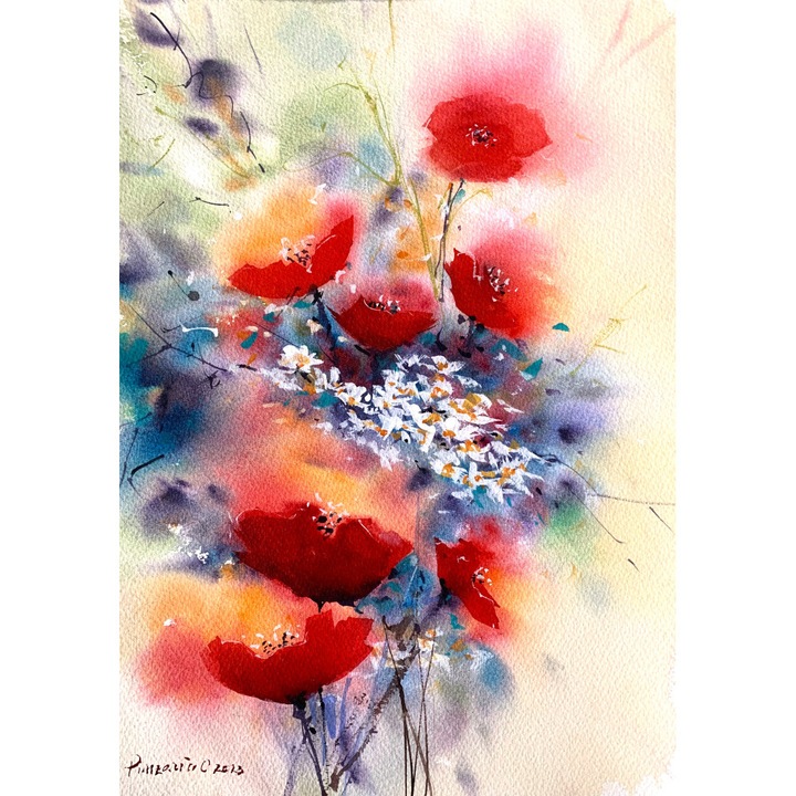 Tablou pictat manual in acuarela, Pictura Hobby, Flori de camp si maci, dimensiune 25 x 35 cm