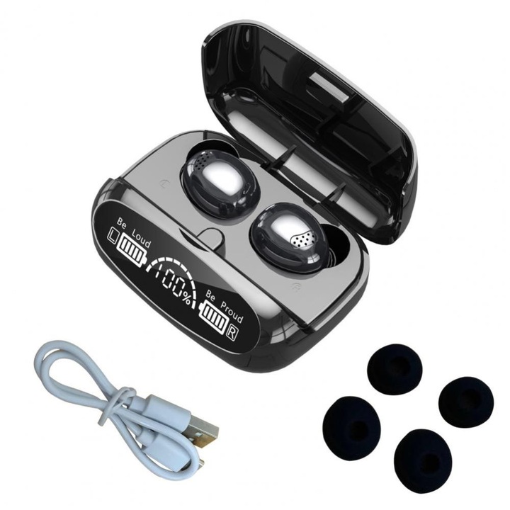 In-Ear vezeték nélküli audio fejhallgató, TWS M32 modell, Zajszűrés, Bluetooth V5.1, Touch Control, Kijelző, Ergonomikus kialakítás, Siri Hanghívás, Fekete