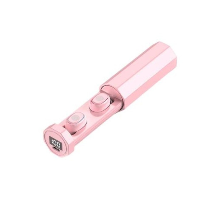 Vezeték nélküli fülhallgató, zseblámpa típus, TWS202/312/A7 modell, zajszűrő, Bluetooth V5.3, érintésvezérlés, kijelző, ergonomikus kialakítás, rózsaszín