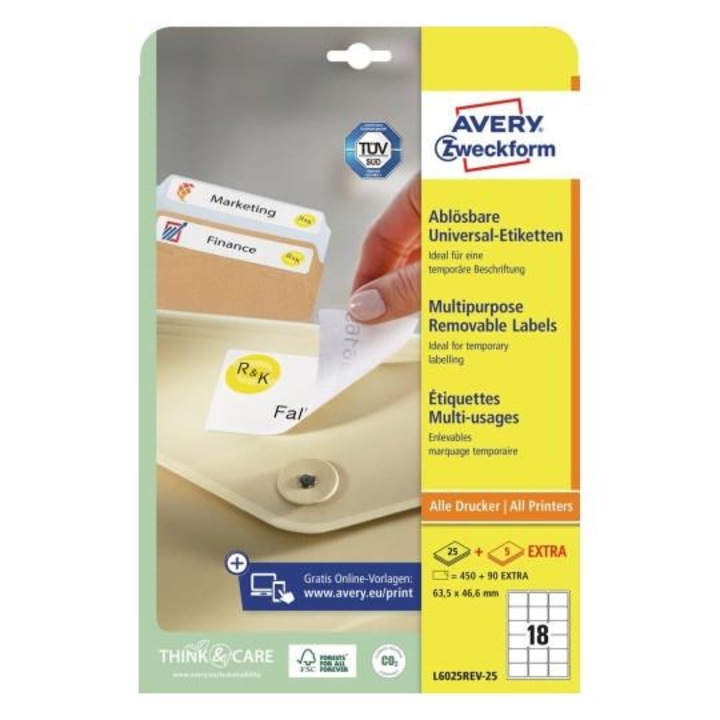 Комплект 540 етикета Avery, Самозалепващи, A4, Бял