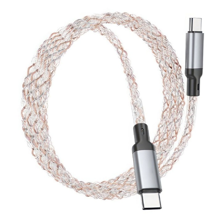 Кабел за пренос на данни, Smart LED зареждане, Бързо зареждане Type-C - Type-C съвместим с OnePlus, Безопасно зареждане, Висока производителност, Алуминиева сплав, 3A, 60W, 1M, Сив