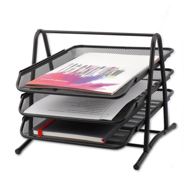 Органайзер за документи, 3 рафта, метален, A4, черен