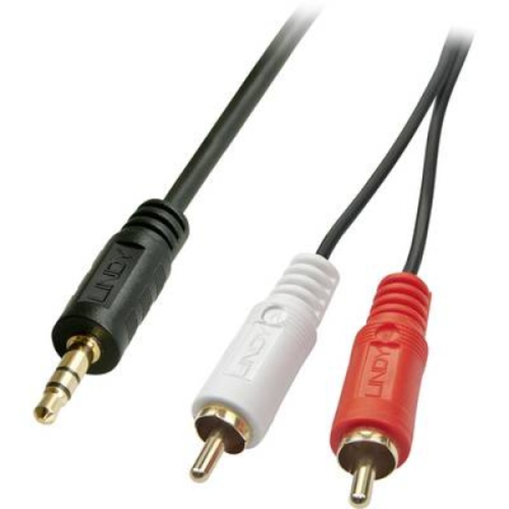 Cablu de conectare audio, LINDY, 2x mufa RCA - 1x mufa jack 3.5 mm, 10.00 m, Negru