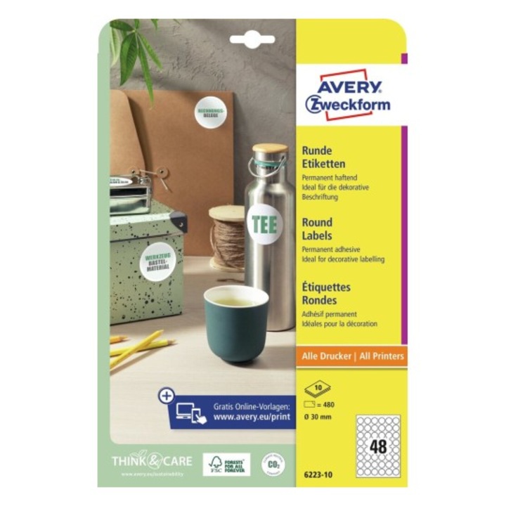 Avery etichete 10xA4 diam.30mm rotunde rezistente