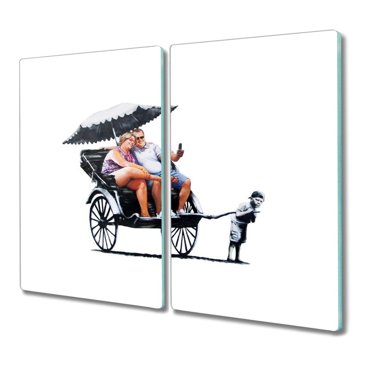 Стъклен чопър, правоъгълник, рикша туристи с графити, черен, 2x30x52 см, 010010520010000016636