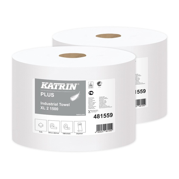 Set 2 role prosoape hartie, Katrin, 2 straturi, 265 mm x 570 m, Alb