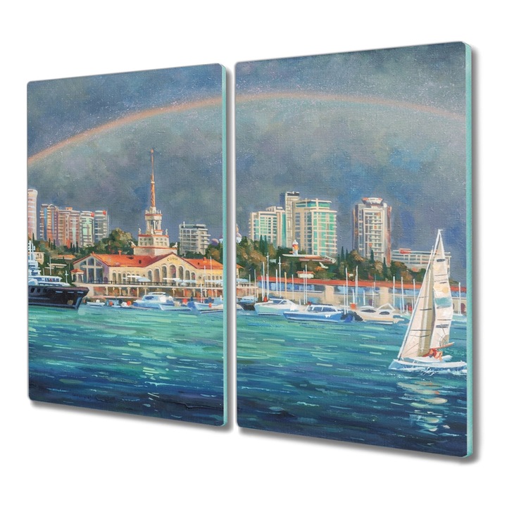 Tocator pe sticla, Dreptunghi, Pictura Curcubeu Nave Portuare, Multicolor, 2x30x52 cm, 010010520010000048827