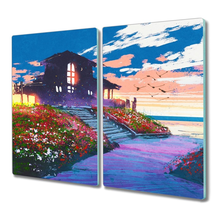 Tocator pe sticla, Dreptunghi, Pictura Flori Casa Cer Nori Colorat, Multicolor, 2x30x52 cm, 010010520010000049451