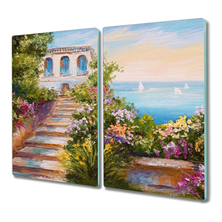 Tocator pe sticla, Dreptunghi, Pictura In Ulei Flori Cer De Mare Arta, Verde, 2x30x52 cm, 010010520010000049444