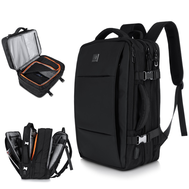 Rucsac laptop 17 inch, James Hawk, Compatibil bagaj de mana, Port USB, Multiple compartimente, Material rezistent nylon/poliester, Buzunar antifurt, Constructie solida, Negru