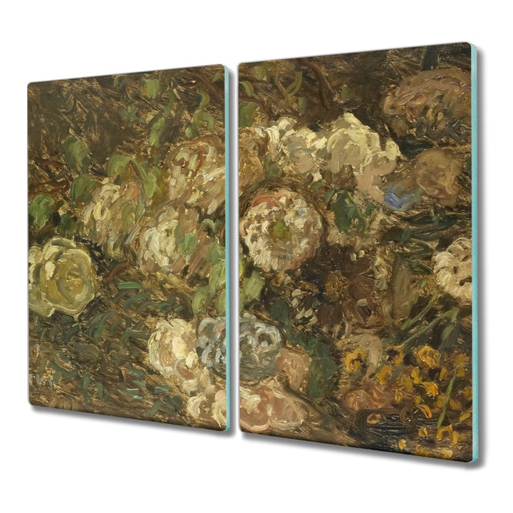 Стъклен чопър, правоъгълник, картина абстрактно изкуство цветя, бежово, 2x30x52 см, 010010520010000056469