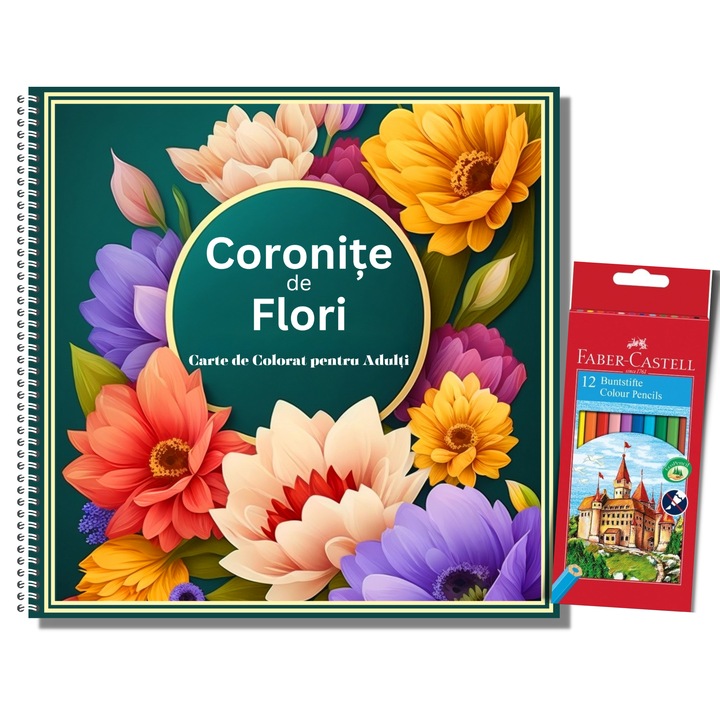 Carte de Colorat pentru Adulti, Coronite de Flori si Set 12 Creioane Colorate Faber Castell, 104 Pagini