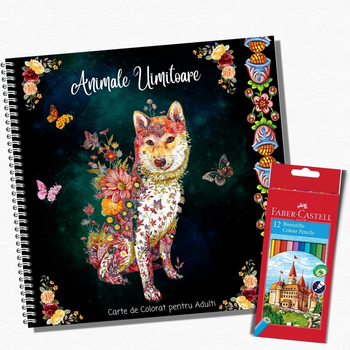 Carte de Colorat pentru Adulti, Mandala Animale Uimitoare si Set 12 Creioane Colorate, Faber Castell, 104 Pagini