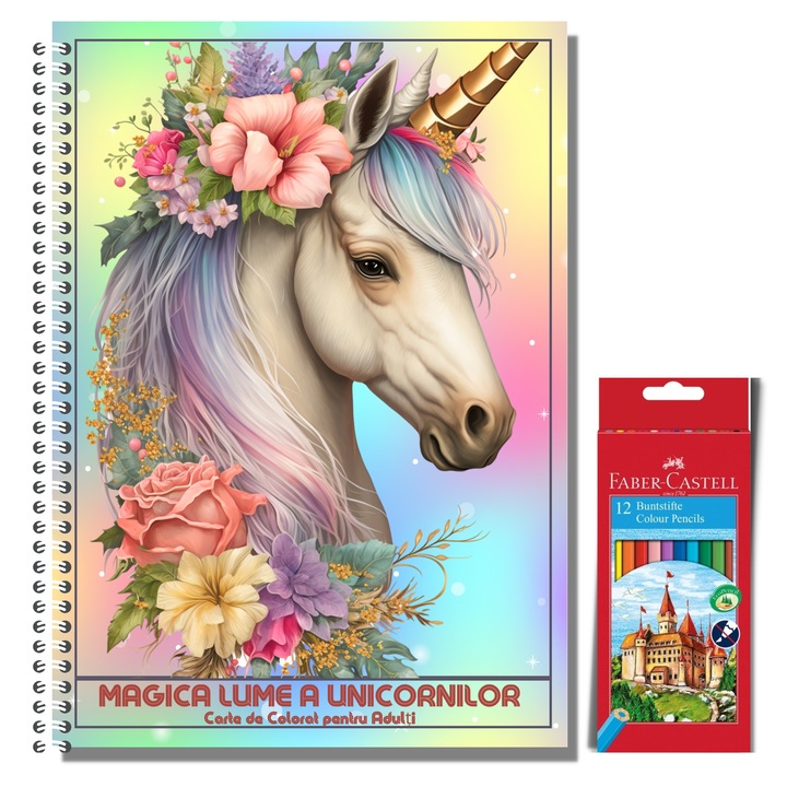 Carte de Colorat pentru Adulti, Magica Lume a Unicornilor si Set 12 Creioane Colorate Faber Castell, 104 Pagini