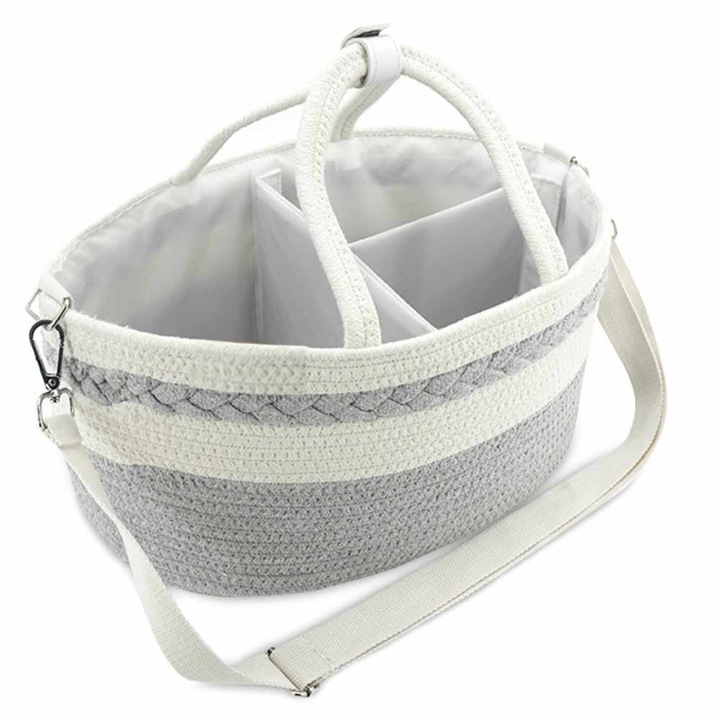 Домашен кош органайзер, изработен от памучна връв, Perfektua, 3 отделения, 38 см х 18 см х 25 см, сиво и бяло