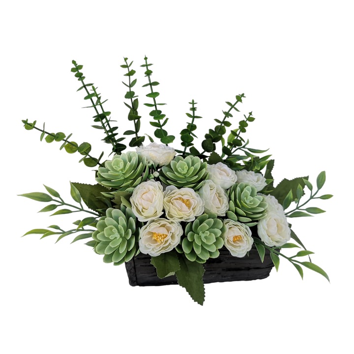 Jardiniera din piatra 18x7x7 cm, cu flori albe artificiale si plante verzi suculente artificiale, DADY, dimensiuni aranjament 25x13x25cm