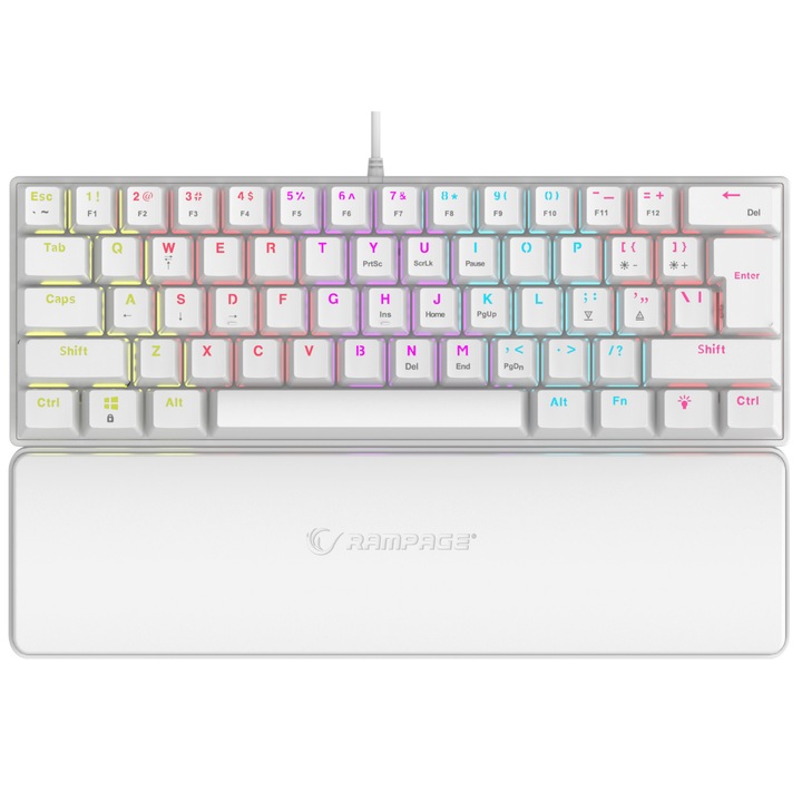 Клавиатура Rampage PLOWER K60 gaming, Механична, С опора за китката, Оформление US INTL, превключвател син, бял
