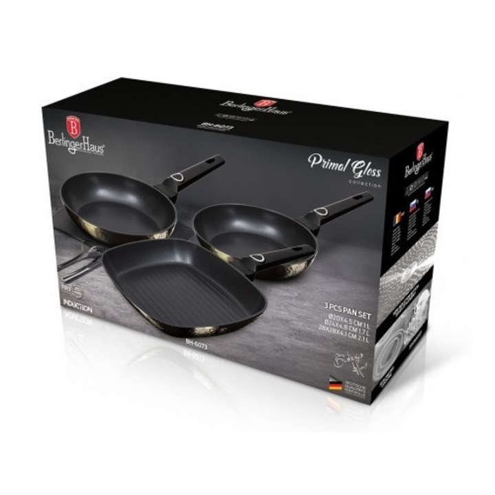 Set 3 tigai cu strat titan antiaderent Primal Gloss Berlinger Haus BH 6073, maro, curatare usoara, grill, inductie