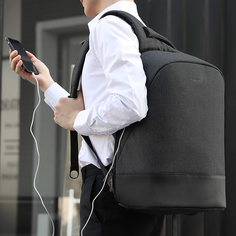 Rucsac laptop 15.6", impermeabil, cu buzunar ascuns antifurt si port USB, Tigernu, 31x17x44 cm, Negru/Gri inchis