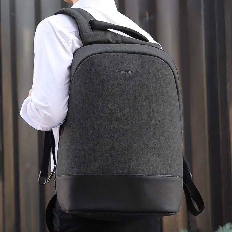 Rucsac laptop 15.6", impermeabil, cu buzunar ascuns antifurt si port USB, Tigernu, 31x17x44 cm, Negru/Gri inchis