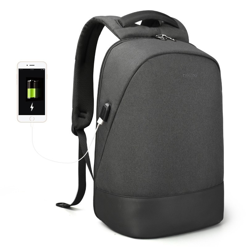 Rucsac laptop 15.6", impermeabil, cu buzunar ascuns antifurt si port USB, Tigernu, 31x17x44 cm, Negru/Gri inchis