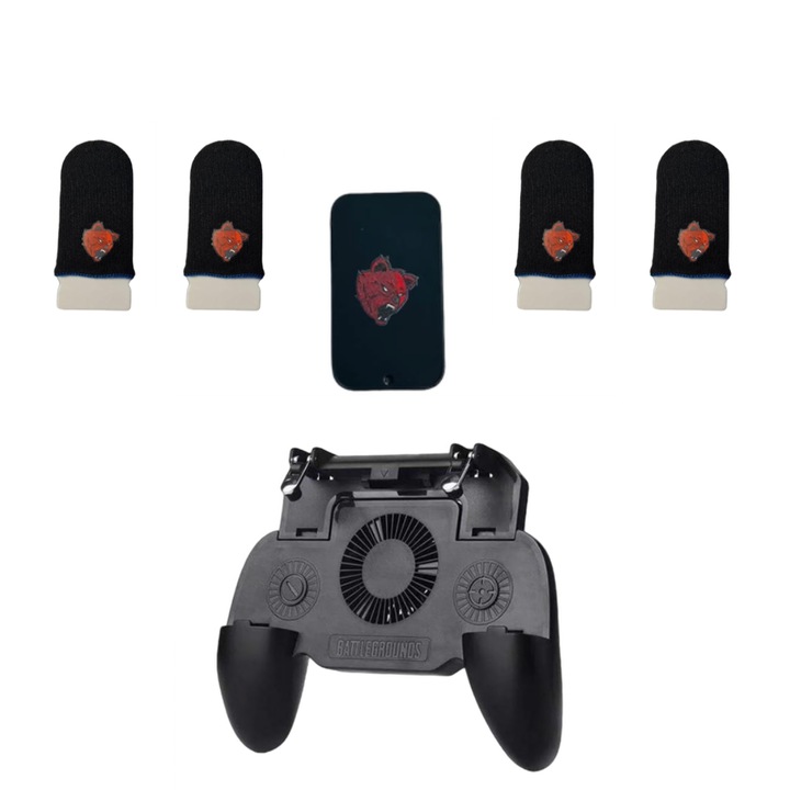 PLAYSMARTSHOP PRO csomag 1 db SR telefonvezérlő 2000 mAh akkumulátorral, 4 db professzionális játékkesztyűvel és fém tárolódobozzal, Angry Bear v6 Blue szénszálas Pubg Fortnite Call of duty mobil