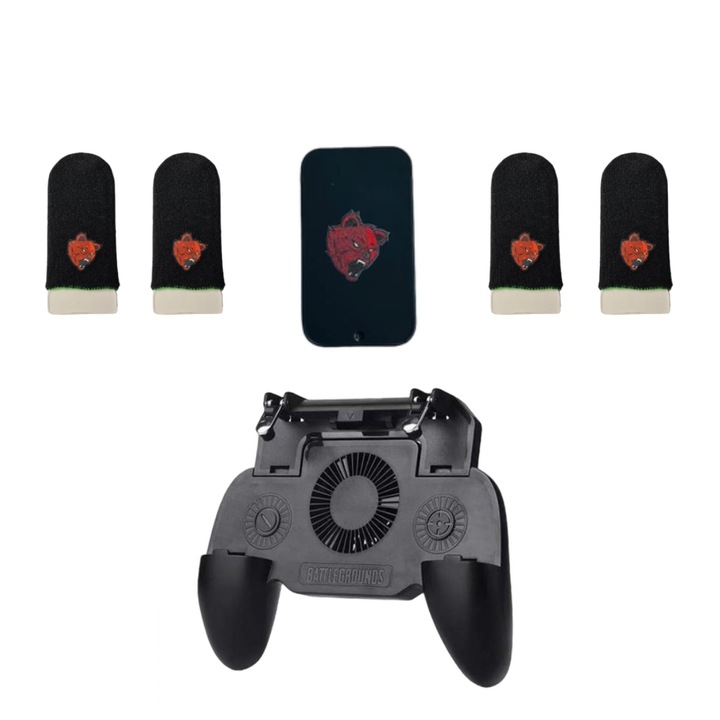 PLAYSMARTSHOP PRO csomag 1 db SR telefonvezérlő 2000 mAh akkumulátorral, 4 db professzionális játékkesztyűvel és fém tárolódobozzal, Angry Bear v6 Green szénszálas Pubg Fortnite Call of duty mobil