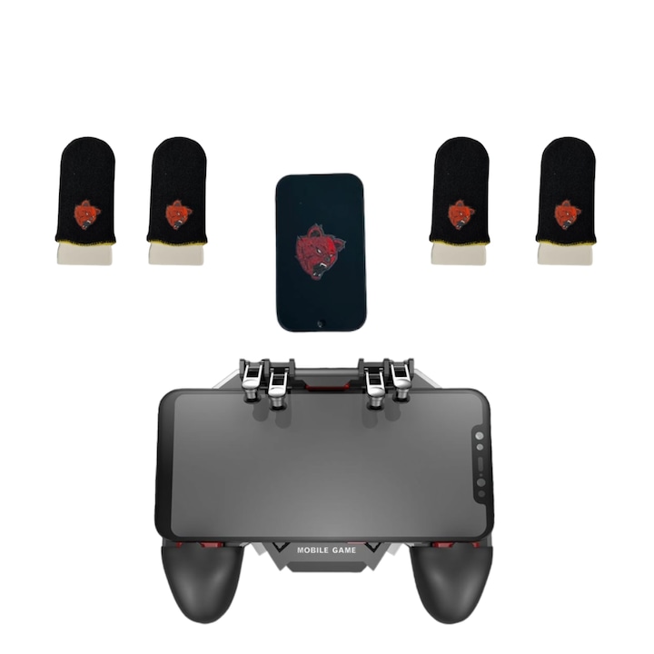 PLAYSMARTSHOP PRO AK77 telefon kontroller csomag, 1 db, akkumulátor nélkül, 4 db professzionális játékkesztyűvel és fém tárolódobozzal, Angry Bear v6 Yellow szénszálas Pubg Fortnite Call of Duty mobil