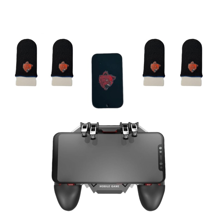 PRO csomag 1 db AK77 telefonvezérlő, akkumulátor nélkül, 4 db professzionális játékkesztyűvel és fém tárolódobozzal, Angry Bear v6 Blue szénszálas Pubg Fortnite Call of duty mobil