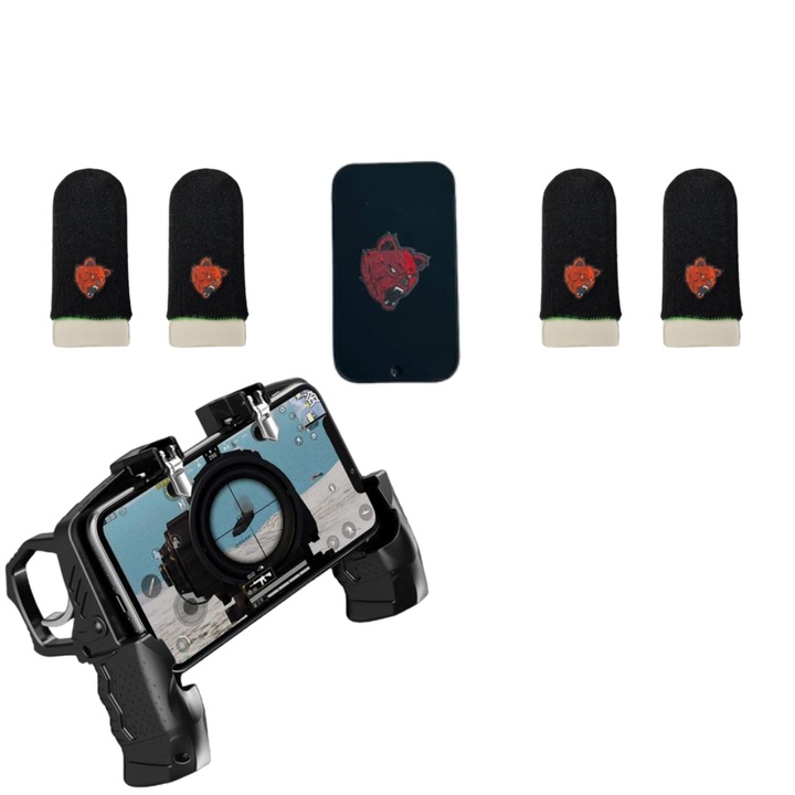 PRO csomag 1 db K21 modell telefonvezérlő 4 db professzionális játékkesztyű, fém tárolódobozzal, Angry Bear v6 Green szénszálas Pubg Fortnite, Call of duty mobile