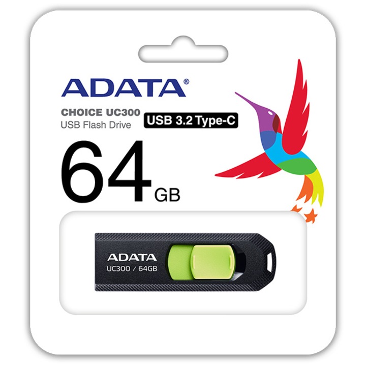USB Flash памет ADATA UC300, 64GB, USB Type-C, Black-Green