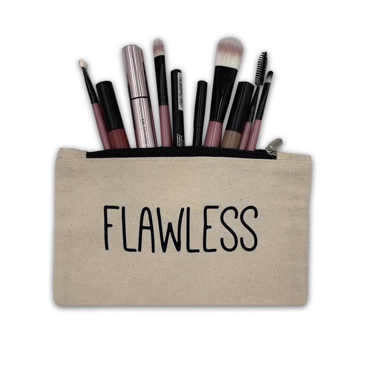 Geanta cosmetice din bumbac canvas cu inscriptie Flawless, 21 x 13 cm, Bej