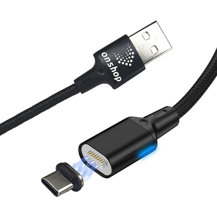 Onshop nylon mágneses kábel, C típusú, Quick Charge 2M 3A, fekete