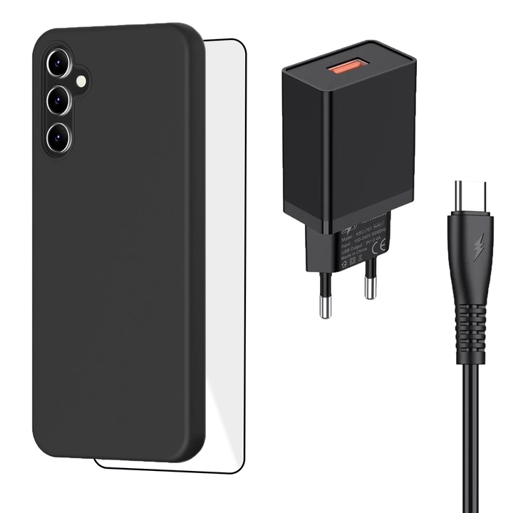 Fekete szilikon borítás, képernyővédő üvegfólia és hálózati töltő készlet Samsung A14-hez, Teljes védelem, Fekete
