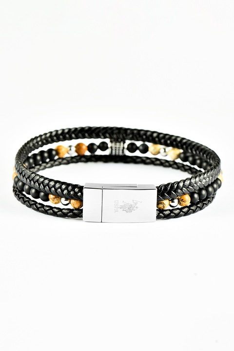 U.S. Polo Assn., Bratara de piele, cu onix, Negru, Galben
