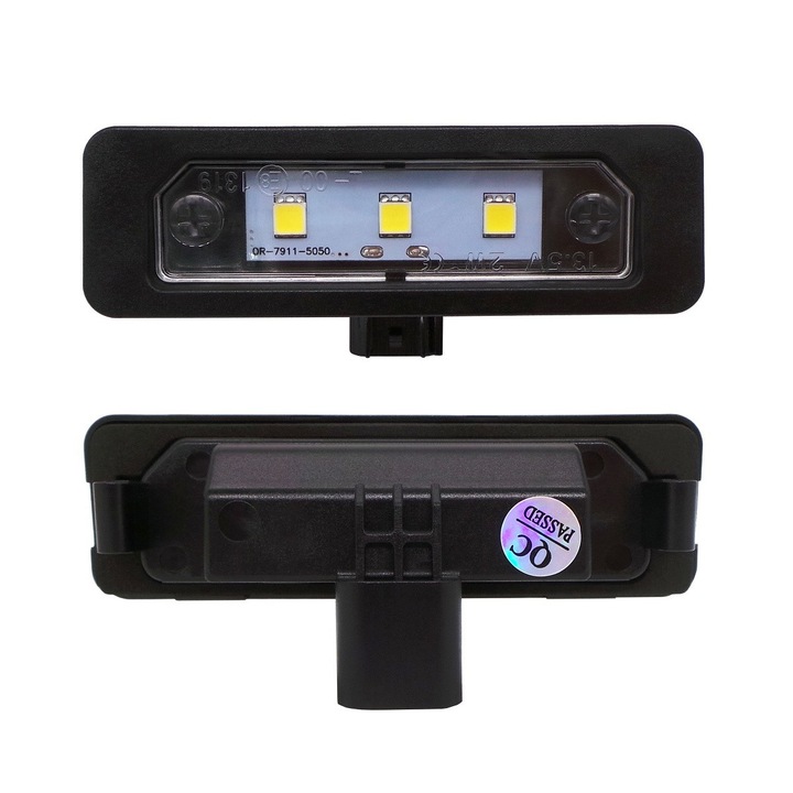 Lampi LED pentru iluminare placuta de inmatriculare auto, Set 2 piese, motoLEDy, Compatibil Ford, CANBUS, Alb Xenon, 5500K, 750lm/bucata, 3 LED-uri 5050 SMD/bucata, Alimentare 12V, Unghi iluminare 180°, Omologare E8