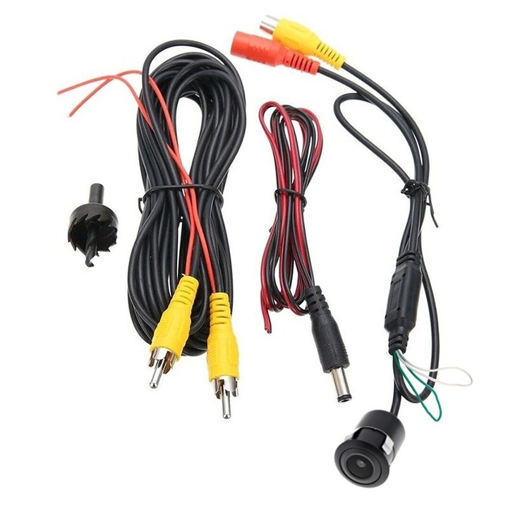 Camera video auto, motoLEDy, Mini 170, Set 5 piese (camera, cablu video 6m, cablu alimentare 1m, fierastrau), montaj universal fata/spate, in bara de protectie, linii ghidaj parcare (dezactivabile), unghi vizualizare 170°, alimentare 12V