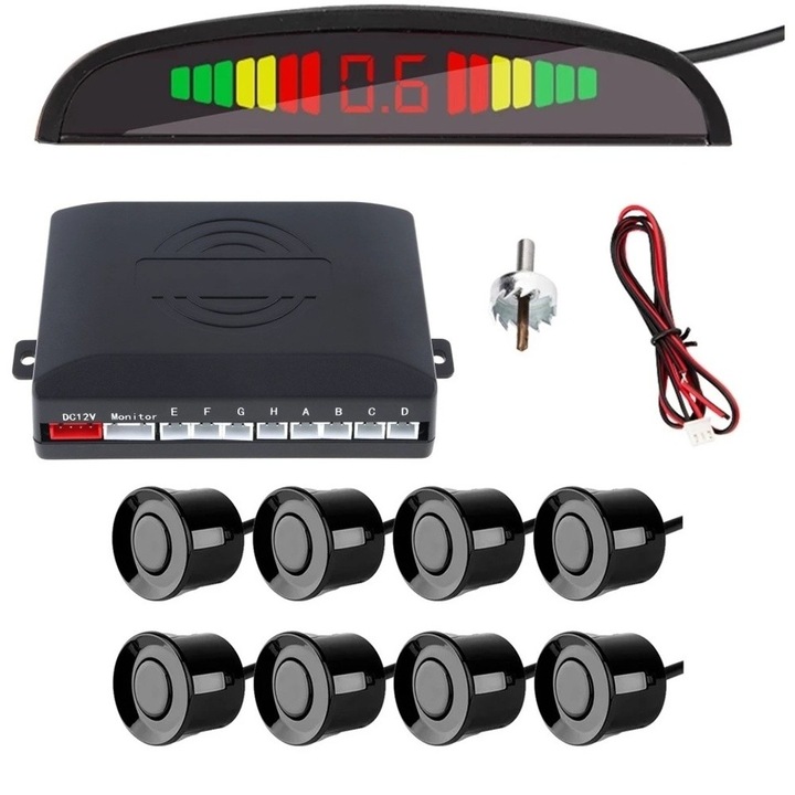 Set 8 senzori de parcare, 4 fata - 4 spate, afisaj, panou de comanda 12V motoLEDy