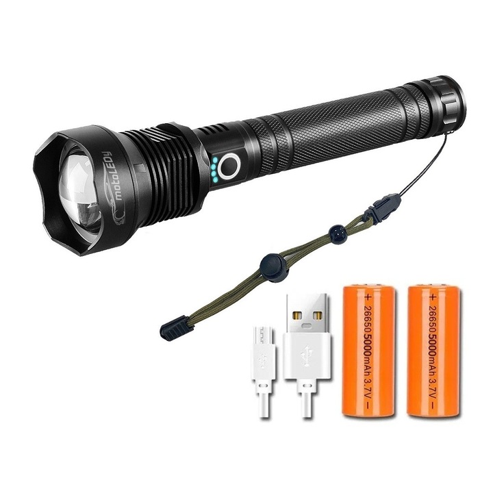 Taktikai LED zseblámpa, motoLEDy, 15000 lm, 1000m hatótáv, Zoom, USB töltés, 3 mód, Fekete, 4 darabos készlet (2 db 26650 5000 mAh akkumulátorral), Repülőgép alumínium, IP67 vízálló, Ütésálló