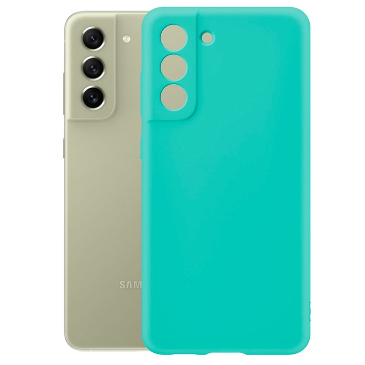 Védőtok, bársony belső, Samsung Galaxy S21 FE kompatibilis, FONIX BloomShield, szilikon, emelt élek, vékony, türkiz