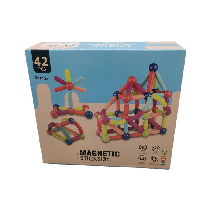 Set de construit 42 piese magnetice, Magnetic Sticks, Multicolor, VisionXXI