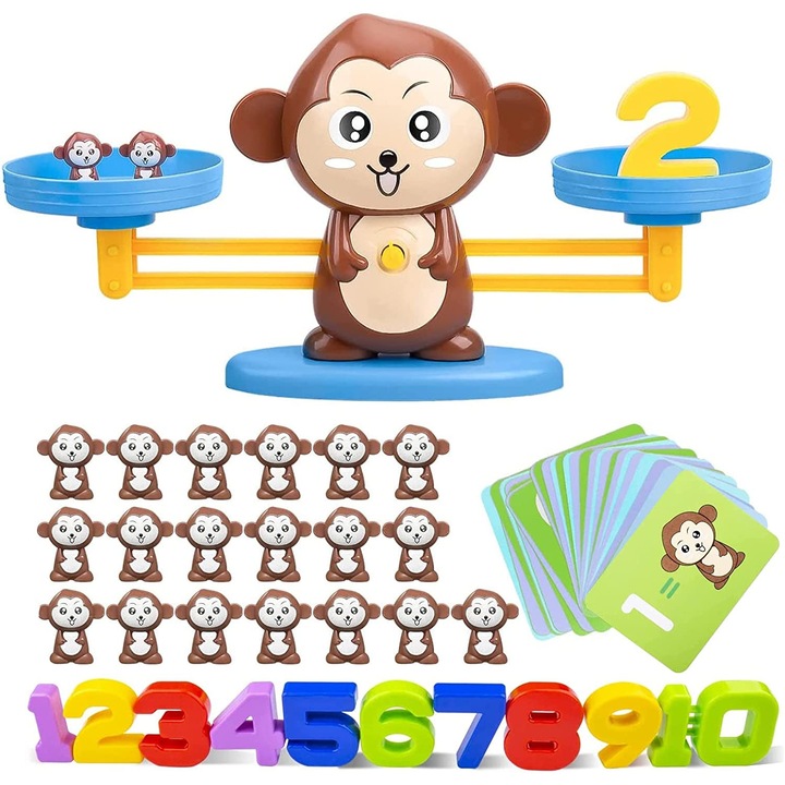 Играчка маймуна баланс, образователна математика за дома, детската градина, предучилищна възраст 3, 4, 5, 6, 7 години - за обучение, STEM образование, интерактивна математика, броене, (комплект от 65 части), кафяв