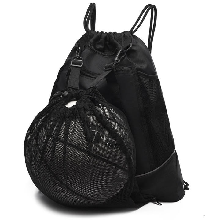 Rucsac portabil cu plasa pentru minge, Oxford, Capacitate 20-35L, Negru